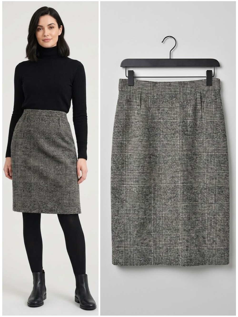 Escada Glen Plaid Wool Pencil Skirt Vintage Black Off White German Size 34/US 4